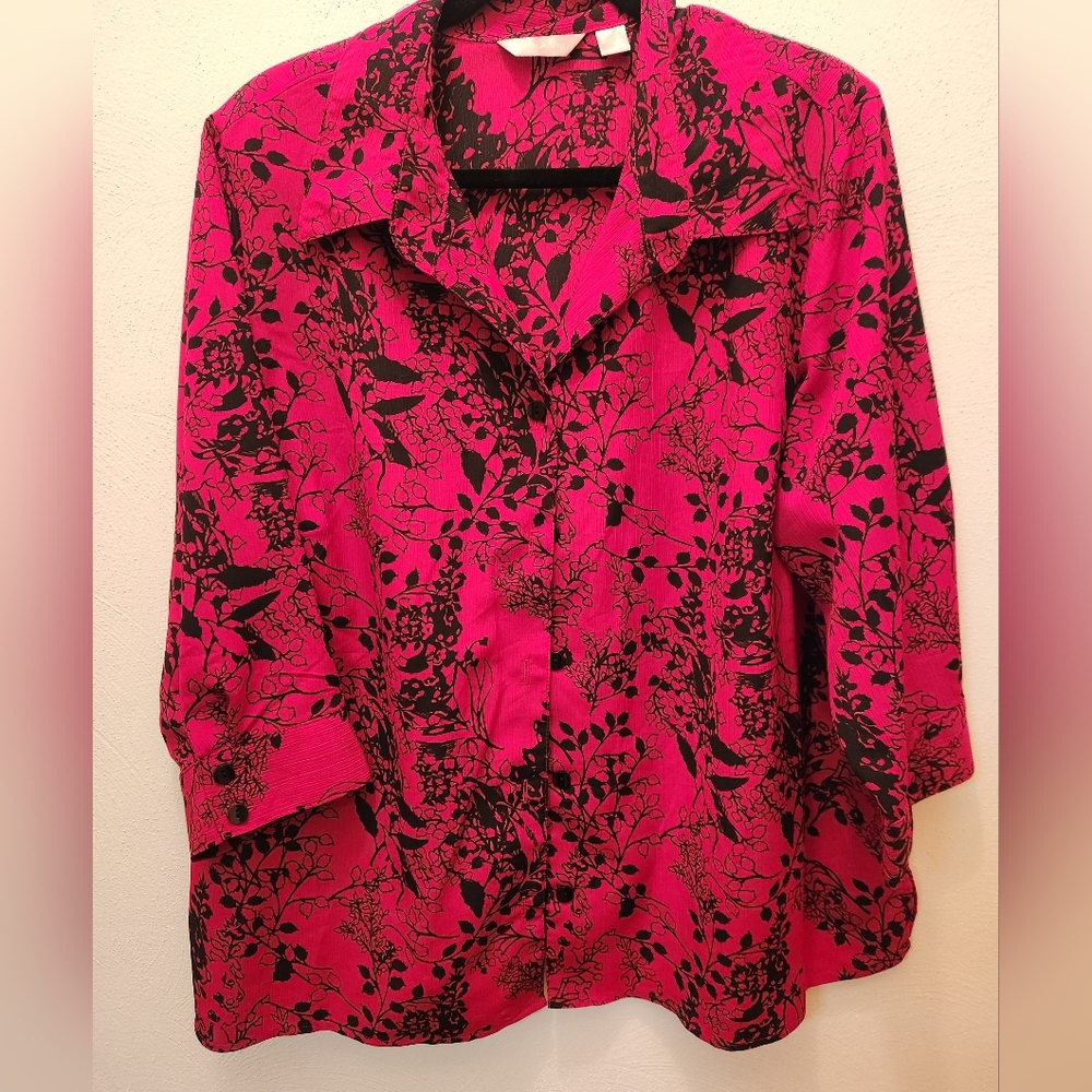 White Stag Red and Black Floral Blouse With Shoulder Pads Size 3X